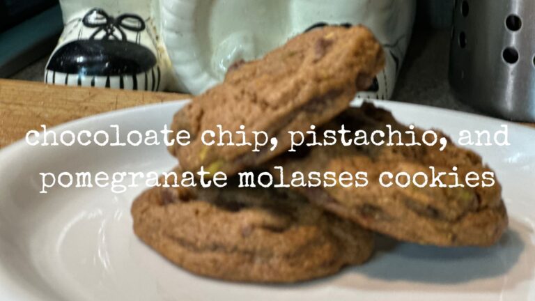 chocolate chip, pistachio, and pomegranate molasses cookies